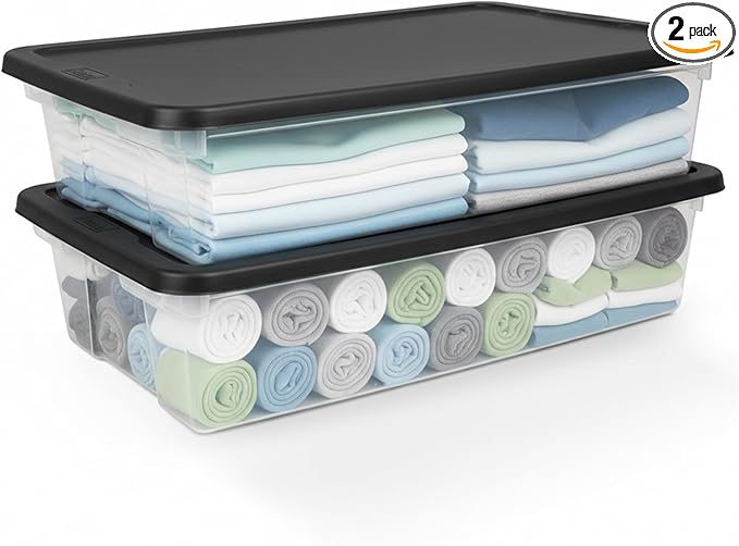 HOMZ 2-Pack Snaplock, Large Clear Plastic Storage Organizer Bins w/Lids, 41 Quart, Gray - Stackable Container Boxes for Bedroom, Bathroom, Garage, and Office Organization