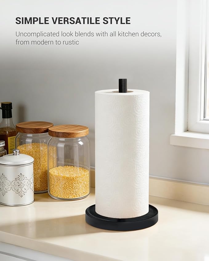 NESAPTO Paper Towel Holder Countertop, Wooden Freestanding Paper Towel Stand for Modern Farmhouse & Cottagecore Decor, Kitchen Bathroom Essential, Black