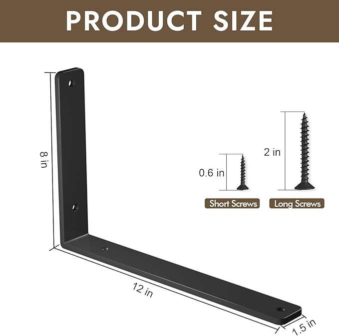 16 Pack - L 12" x H 8" x W1.5, 5mm Thick Black L Shelf Bracket, Iron Shelf Brackets, Metal Shelf Brackets, Floating Shelf, Shelf Supports with Screws