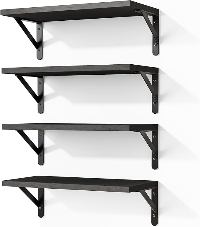 Fixwal Floating Shelves for Wall, Wood Wall Mounted Shelves for Bedroom, Bathroom, Living Room, Kitchen Storage and Decor(Black, Set of 4, 16.5 Inch)
