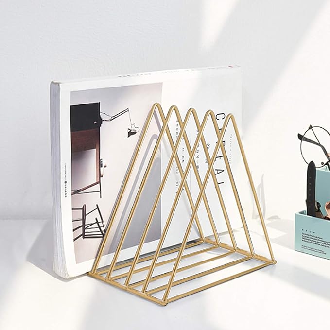 QPEY Triangle File Holder,5 Slot Metal Vinyl Record Stand Holder Magazine Newspaper Holder Photography Props for Office Home (2pc gold)