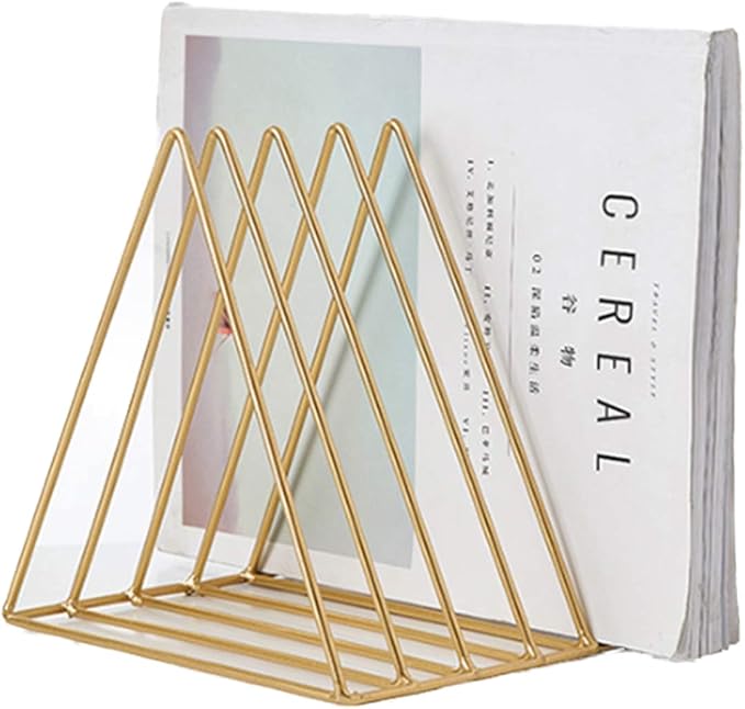 QPEY Triangle File Holder,5 Slot Metal Vinyl Record Stand Holder Magazine Newspaper Holder Photography Props for Office Home 1 Pc (Gold)