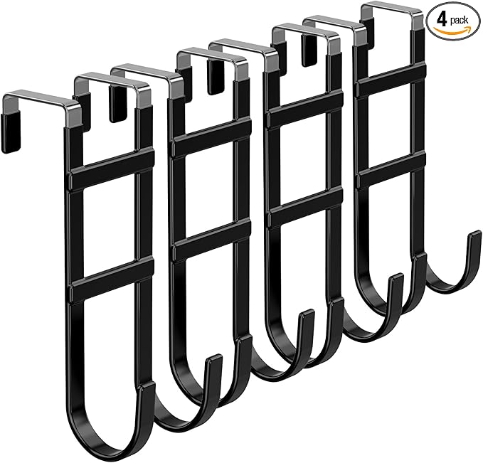 FYY Over The Door Hooks - 4 Pack Heavy Duty Double-Hanger Organizer for Bathroom Bedroom Dorm, Hanging Clothes Towels Hats Bags Ironing Board Wreath Robe - Fits Interior Doors Up to 1.6” Black