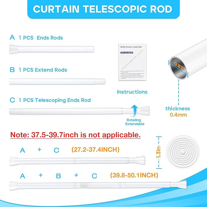 White Tension Curtain Rod for Windows 28 to 48 Inch,7/8"Small Shower Curtain Rod for Bathroom,Pressure Spring Tension Curtain Rod No Drilling for Closet Doorway Kitchen