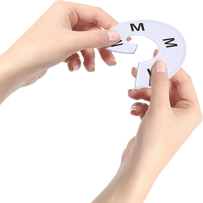 40 Pack Round White Plastic Clothing Size Closet Rack Dividers Hangers, Preprinted in 8 Sizes XXS, XS, S, M, L, XL, XXL, XXXL (Outer 3.5”, Inner Diameter 1.38”)
