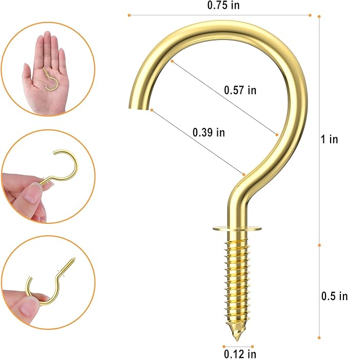 RELBRO Screw Hooks, 1 Inch Metal Screw in Cup Hooks, Gold, 100 Pcs