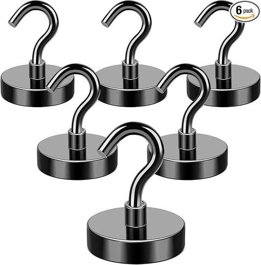 MIKEDE Black Magnetic Hooks 85Lbs Heavy Duty Earth Magnets with Hooks for Cruise Cabin Strong Magnet Hooks for Hanging Super Metal Magnetic Hanger for Grill Fridge Kitchen - Pack of 6