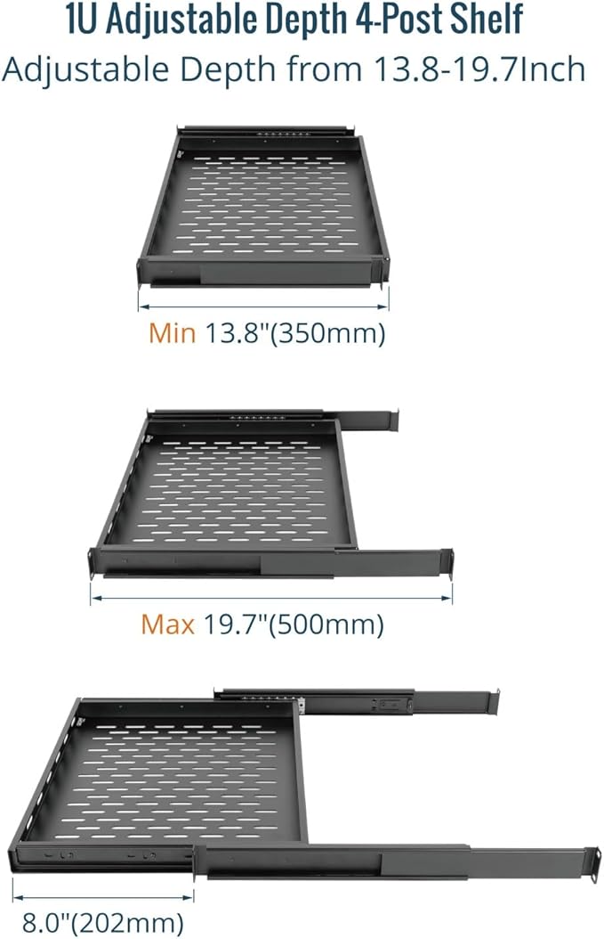Tecmojo 1U Sliding Rack Shelf,4-Post Vented Rack Mount Shelf,13.8in Deep with Adjustable Mounting Depth 13.8-19.7in,Supports to 110lbs,for 19 Inch AV/Network Equipment Rack,Unassembled,Black