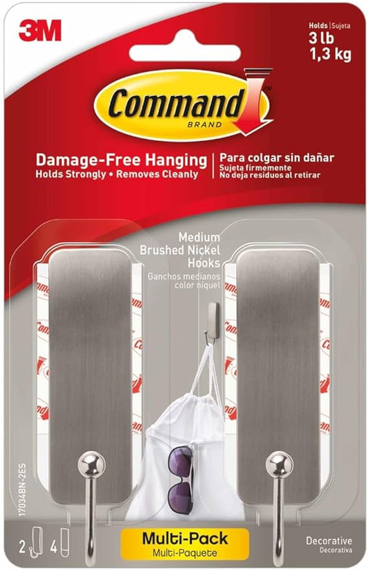 Command Medium Brushed Nickel Wall Hook, 2 Coat Hooks and 4 Strips, Damage-Free Hanging with Adhesive, No Tools Great for Hanging Home Decor, Holds up to 3 lb