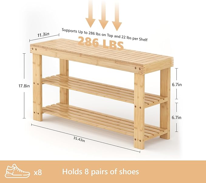 Sweetcrispy Shoe Rack Bench, 3-Tier Bamboo Entryway Storage Organizer, 286lb Capacity, Shoes Stand for FrontDoor Entrance, Bedroom, Living Room, Bathroom, Balcony, 35 Inches Length, Wood