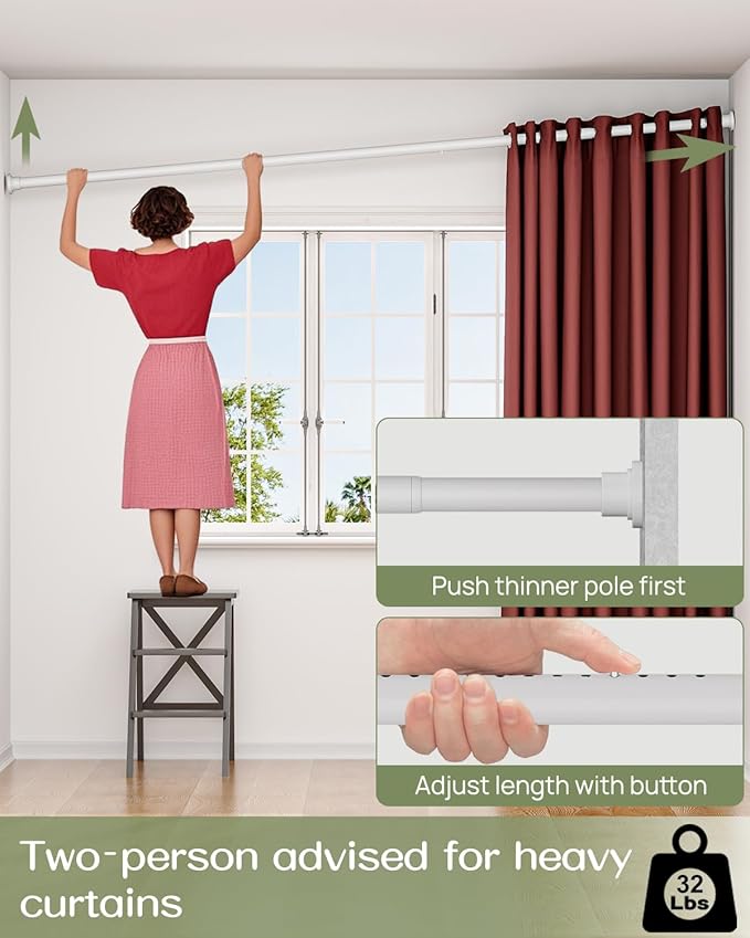 ALLZONE Tension Curtain Rod for Window, 83-123 Inches, Heavy Duty Curtain Rods No Drilling, Non-Slip Bathroom Shower Tension Rod, Renter Friendly, Adjustable, Spring Loaded, Extra Long, White