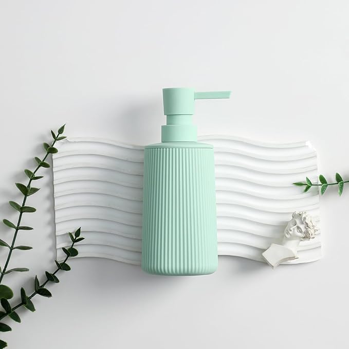 Small Soap Dispenser for Bathroom and Kitchen, Modern Farmhouse Striped Style Plastic Hand Soap Dish Soap Dispenser with Pump Matte Light Green