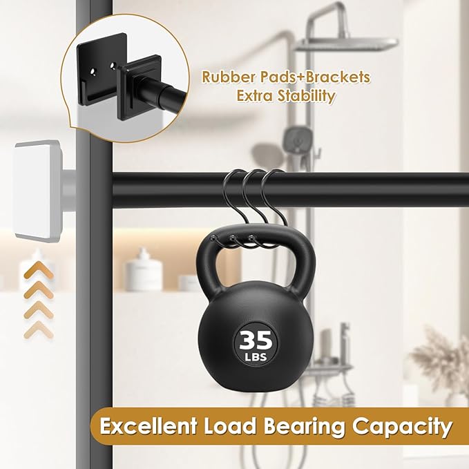 Black Shower Curtain Rod,Spring Tension Curtain Rod 30-76”,No Drill or Screw Installation Shower Rod for Bathroom, Closet, Kitchen with Brackets