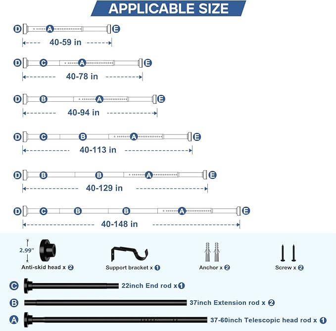 Long Tension Curtain Rod 40-148inch Black Shower Curtain Rods no Drilling Adjustable Tension Rod for Windows,Shower,Patio,Doorway,Heavy Duty Spring Rods Diameter 1.26inch