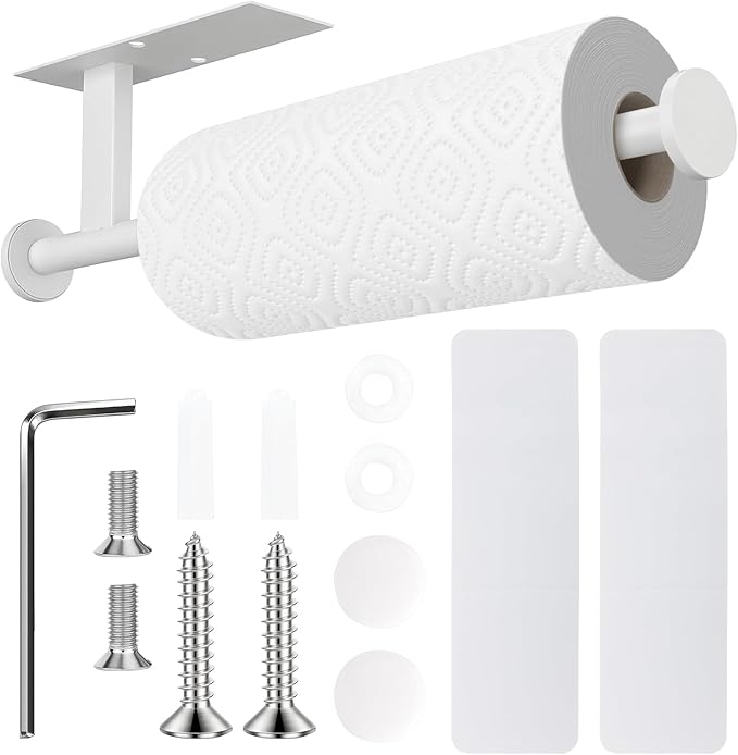 Paper Towel Holder Wall Mount - Self Adhesive No Drill or Drilling, SUS304 Stainless Steel - Kitchen, Bathroom, Sink, Pantry, Fridge (White)