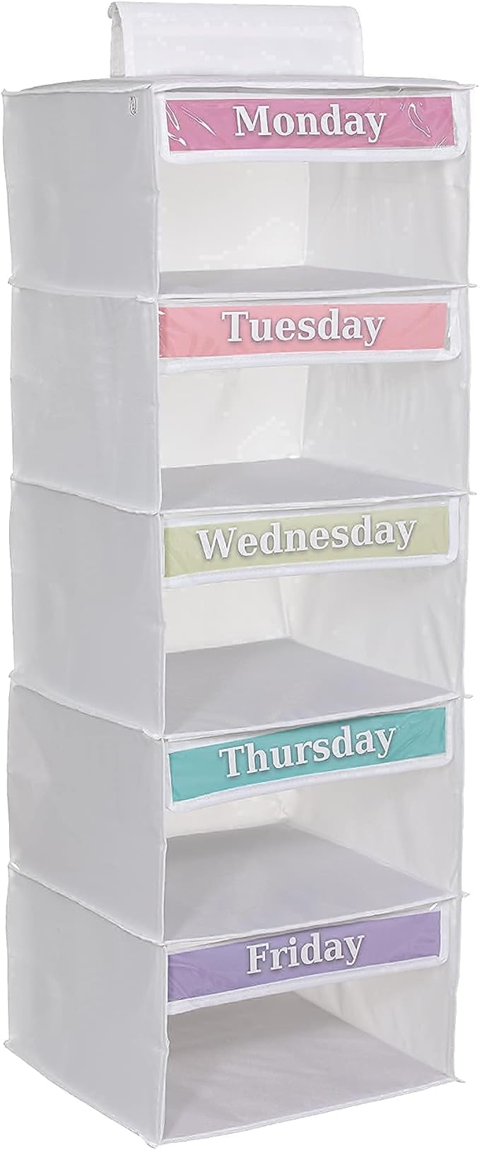 Weekly Clothes Organizer for Kids – 5 Shelf Hanging Closet Storage for School Outfits | Monday to Friday Daily Clothing Divider with Color Labels, 33" Durable Polyester