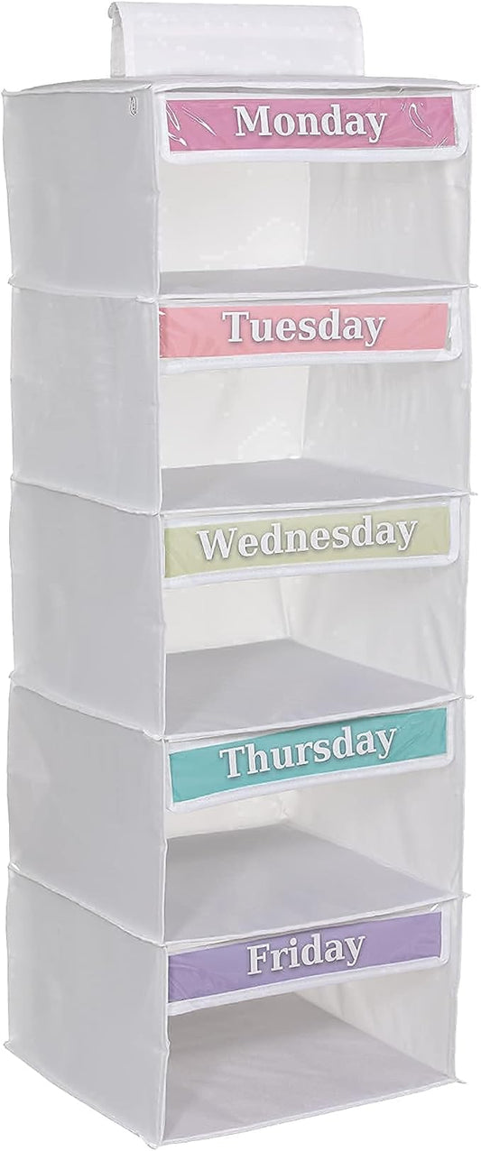 Weekly Clothes Organizer for Kids – 5 Shelf Hanging Closet Storage for School Outfits | Monday to Friday Daily Clothing Divider with Color Labels, 33" Durable Polyester