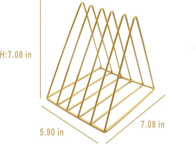 QPEY Triangle File Holder,5 Slot Metal Vinyl Record Stand Holder Magazine Newspaper Holder Photography Props for Office Home (2pc gold)