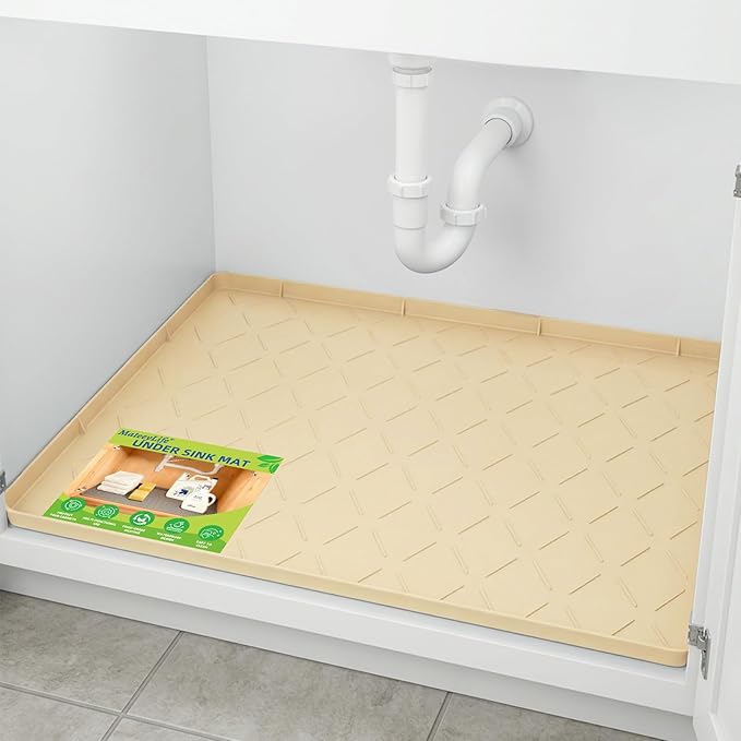 Mateeylife Under Sink Mats for Kitchen Waterproof 34"X22", Undersink Protectors，Silicone Mat Cabinet Liner, Under Sink Organizer for Bathroom and Kitchen，Boot Tray Pet Food Mat, Khaki