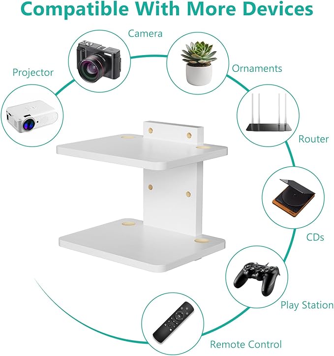 WALI Floating TV Shelf, 2 Tier Projector Shelf for DVD Players, Routers, Game Consoles, Cable Boxes, Living Room Decor Accessories, Wall Mount Shelves Holds Up to 22lbs (CS202NW), 2-Shelf, White