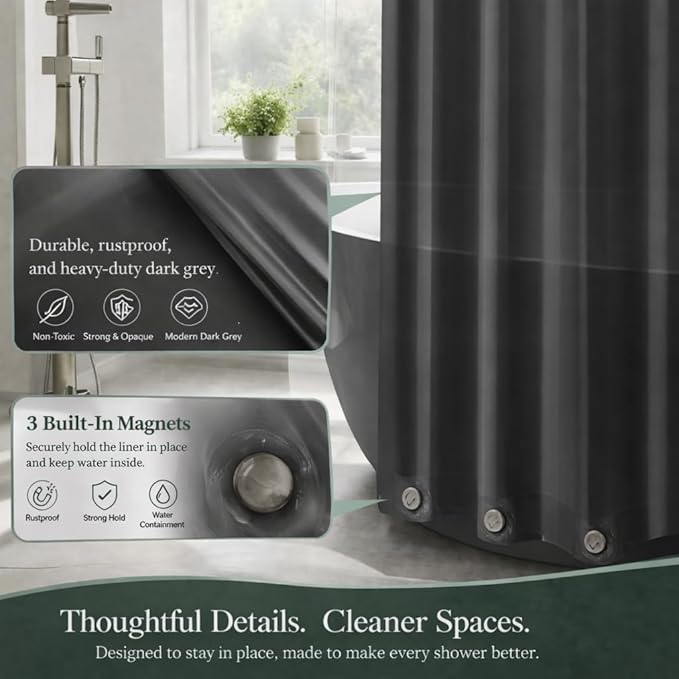 EHZNZIE Dark Grey Shower Curtain Liner 72x72, PEVA Waterproof Bath Curtain, No Chemical Smell, 3 Weighted Magnets, Durable with Rustproof Metal Grommets