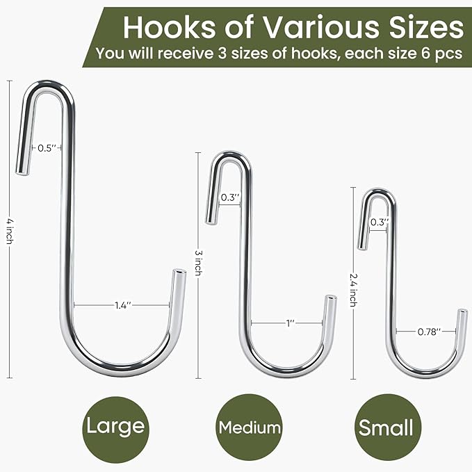 ESFUN 18 Pack Heavy Duty S Hooks for Hanging, Variety Sizes 6 PCS Large 4"/ 6 PCS Medium 3"/ 6 PCS Small 2.4" Pot Rack Hooks, Metal S Shaped Hanger Hooks for Hanging Jeans Pans Cups Plant Basket