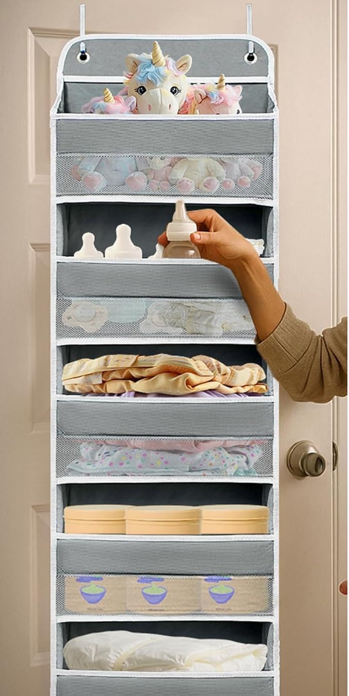 Easy Assembly Over The Door Organizer, 6 Shelves& 10 Side Pockets, Heavy-Duty Reinforced Mesh Rack Holds 44lb, Hanging Behind Door Storage for Bathroom Pantry, Nursery, Closet, Shoes, Towels-Grey