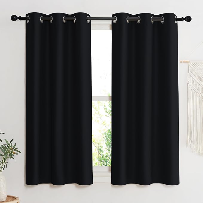 NICETOWN Black Out Curtain Panel Shade, Single Piece, 42 inches Wide by 54 inches Long, Black, Solid Energy Efficient Eyelet Top Window Blind for Guest Room
