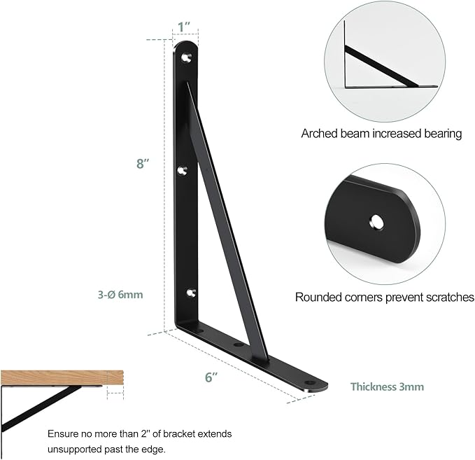 8 Pack L8 x H 6" Black Heavy Duty Shelf Brackets with Screws Metal Shelf Brackets Shelf Support Angle Brackets for Shelves L Brackets Heavy Duty Floating Shelf
