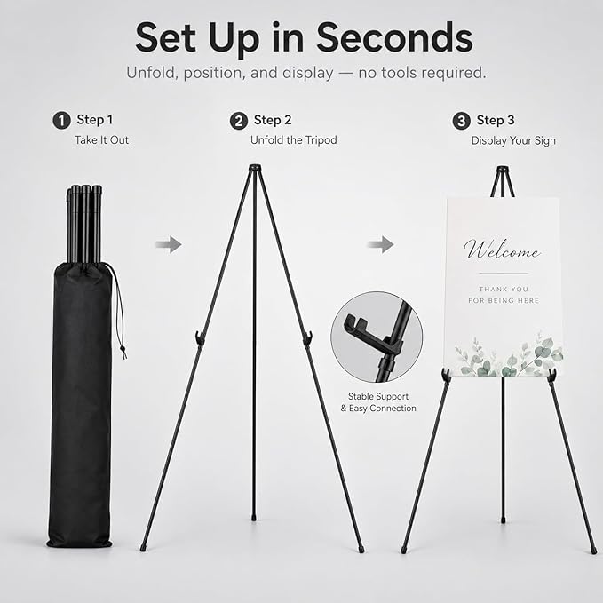 RRFTOK Easel Stand for Sign,63'' Instant Lightweight Portable Ground Easel for Wedding Sign and Poster Display Stand, Metal Tripod with Portable Bag,1-Pack.