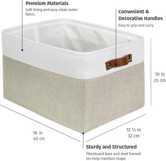 OrganiHaus Extra Large Fabric Storage Baskets for Shelves 3 Pack, 16x13in Closet Storage Bins, Canvas Baskets for Organizing, Linen Closet Organizers, Cloth Basket, Beige/Off-White