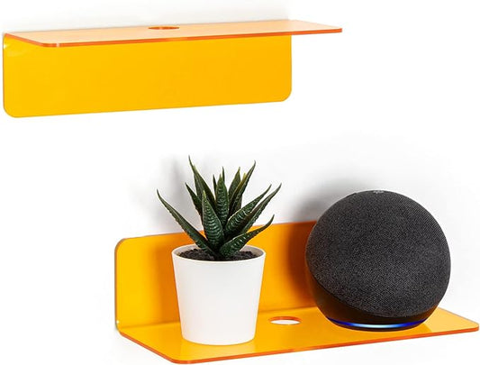 OAPRIRE Small Acrylic Floating Wall Shelves Set of 2, Flexible Use of Wall Space, 9 Inch Adhesive Display Shelf for Security Cameras/Smart Speaker/Action Figures, with Cable Clips - Clear Orange