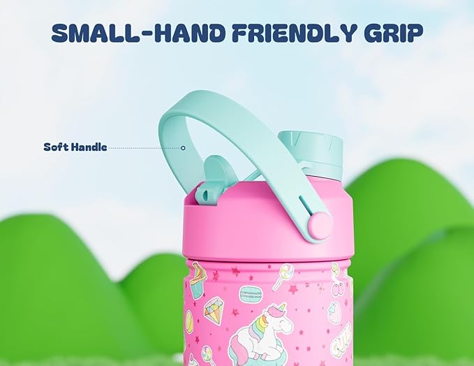 POWCAN 2 Pack 18 oz Insulated Water Bottle for School: Leakproof, 2-in-1 Straw Spout Lid, BPA-Free, Keep Cold 24 Hrs, Stainless Steel Cup for Sports, Trip, Gift (Cute Unicorn & Strawberry Daisy)