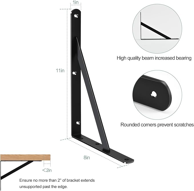 4 Pack L11 x H 8" Black Heavy Duty Shelf Brackets with Screws Metal Shelf Brackets Shelf Support Angle Brackets for Shelves L Brackets Heavy Duty Floating Shelf