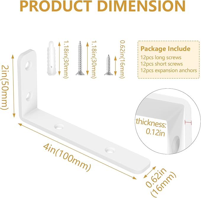 LSK 6PCS L Bracket, 4"×2"(100×50mm) Shelf Support Bracket Max Load : 42lb, White