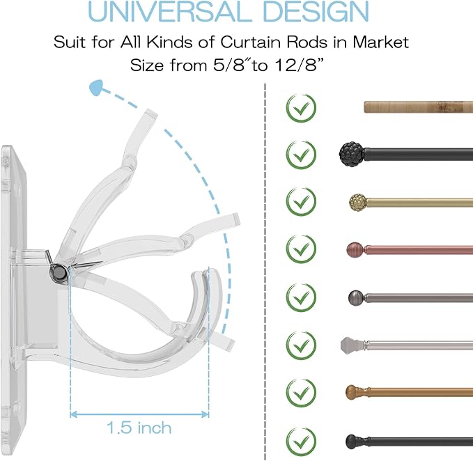 CIEMGNZOC 8PCS No Drill Curtain Rod Brackets, Self-Adhesive Curtain Rods No Drilling, Nail Free Adjustable Curtain Rod Holders, Curtain Hooks for Rod Less Than 1.57 Inch Diameter (Transparent)