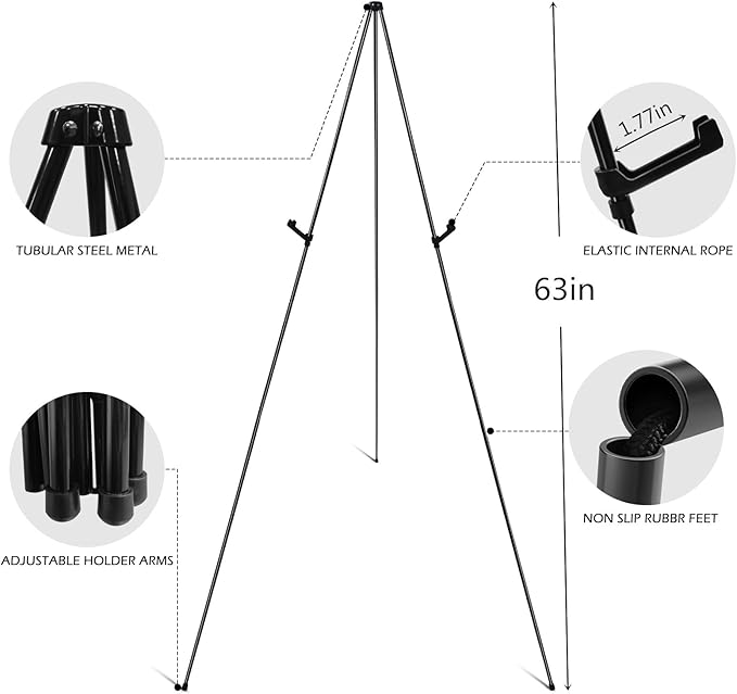 RRFTOK 63'' Instant Easel,Easel Stand for Display,Art, and Crafts,Foldable Portable Ground Easel for Wedding Banner and Poster Display Stand,Easel Display Metal Tripod with Portable Bag.