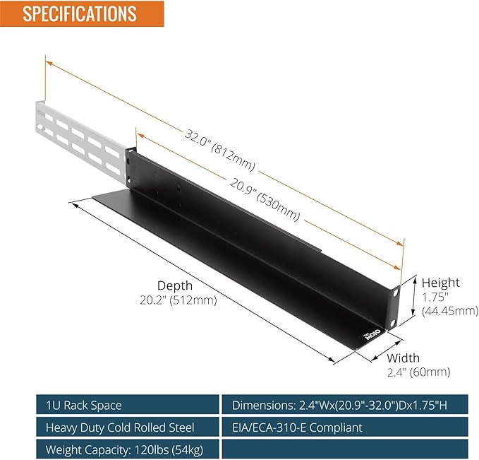 Tecmojo 1U Universal Rack Mount Rails,4-Post Server Rack Shelf Rail with 20.9"-32" Adjustable Depth Fit for Non-Rack Mountable Server/Networking/AV/IT Equipment