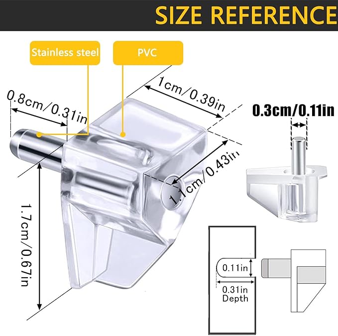 3 Millimeters or 1/8 Inch Shelf Support Peg，Support Cabinet Shelf Pins，Clear Plastic Replacement Peg Cabinet Shelf Supports Pins Shelf Holder Locking Pins (20 Pieces)