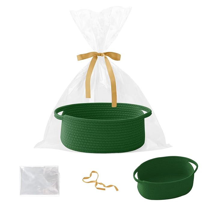 Small Woven Rope Basket-Empty Gifts Basket with Bag and Ribbons,Cute Handle Organizer Box for Birthday/Baby Shower, Toy Storage, Nursery Organizing & Shelf Decor(Green)