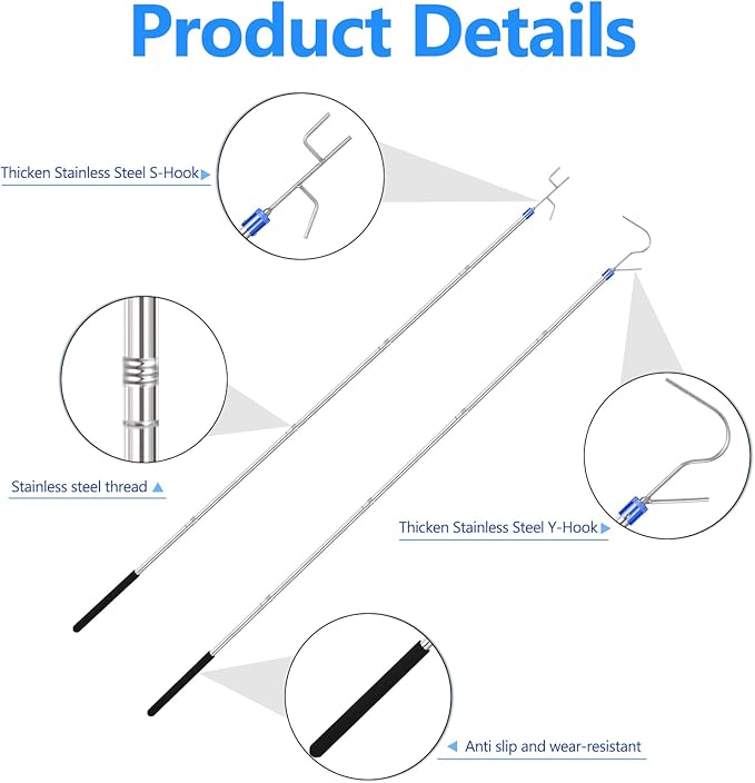 Clothes Hook Pole, Clothes Hanger Reaching Hook for Hanging Clothes Light and Plants Extendable from 29" to 74" Made of Stainless Steel Tube with Sponge Handle (with Two Hooks)