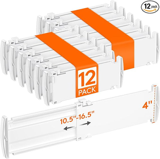Lifewit 4" Tall 12 Pack Drawer Dividers, 27-42cm/10.5-16.5" Expandable Drawer Divider for Clothes, Adjustable Dresser Drawer Organizers, Drawers Separators for Dresser/Bathroom/Closet/Kitchen White