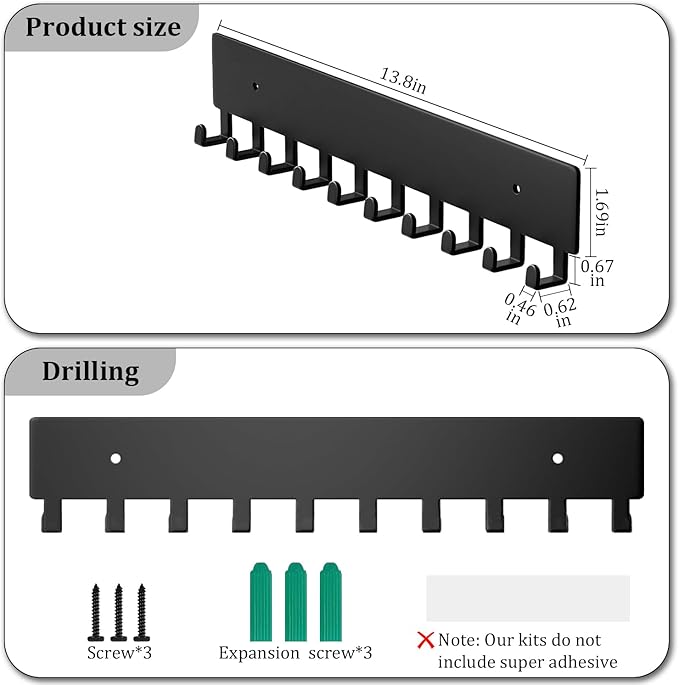 Key Holder Wall Mount with 10 Hooks - Key Rack Organizer for Entryway, Kitchen & Office, Screw-in Mounting 1 Pack 14 Inch