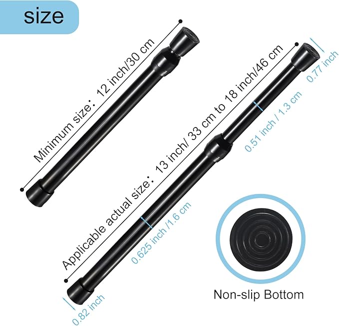 13-18 inch Spring Tension Rod, Goowin Small Tension Rod, 5/8" Diameter No Drilling Expandable Short Tension Rods Spring Rods, Tension Rods for Closet, Cupboard, Hanging Clothes, Black, 2 Pack