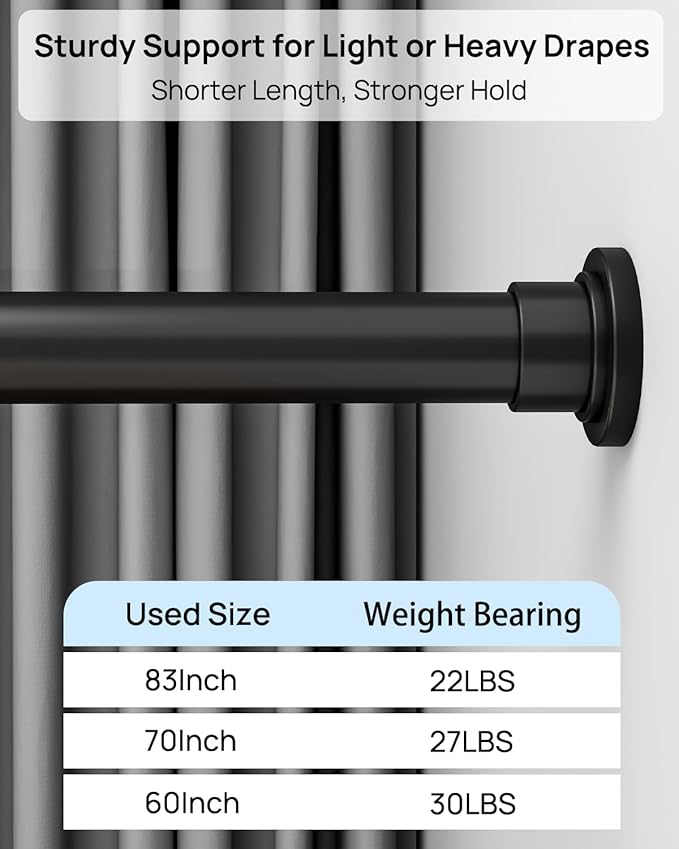 ALLZONE Heavy Duty Tension Shower Curtain Rod 42-83 Inches for Bathroom, Window, Non-Slip, Adjustable with Strong Spring Pole for Closet, Doorway, No Rust, No Drilling, Black (Pack of 2)