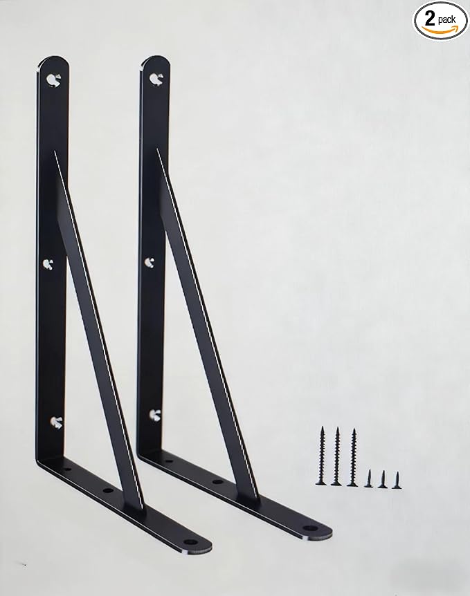 2 Pack L11 x H 8" Black Heavy Duty Shelf Brackets with Screws Metal Shelf Brackets Shelf Support Angle Brackets for Shelves L Brackets Heavy Duty Floating Shelf