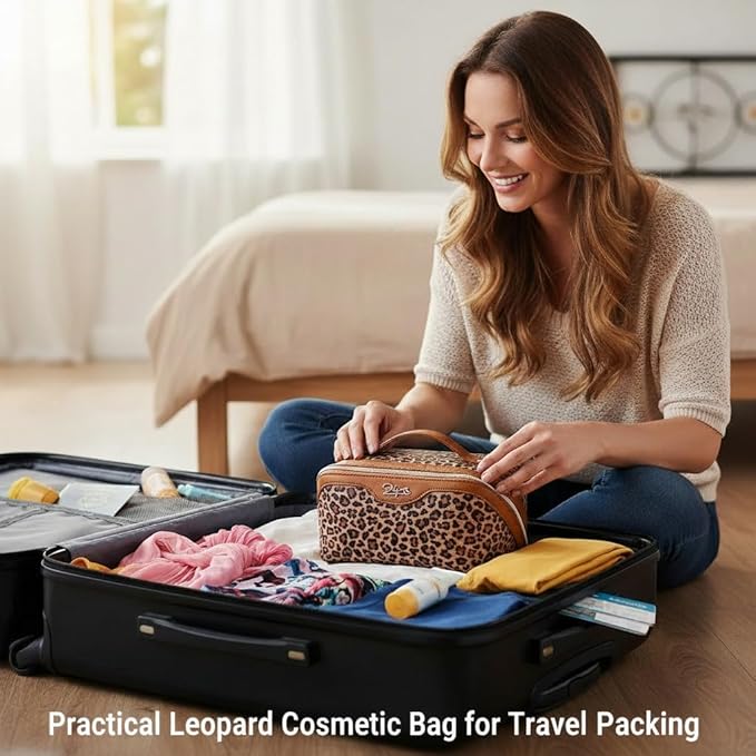BOYATU Travel Makeup Bags Organizer for Women: 3 Pcs Set Leopard Cosmetic Bag - Large Make up Bag with Compartments - Flat Open Waterproof Leather Toiletry Bags for Skincare, Brushes & Travel - Brown