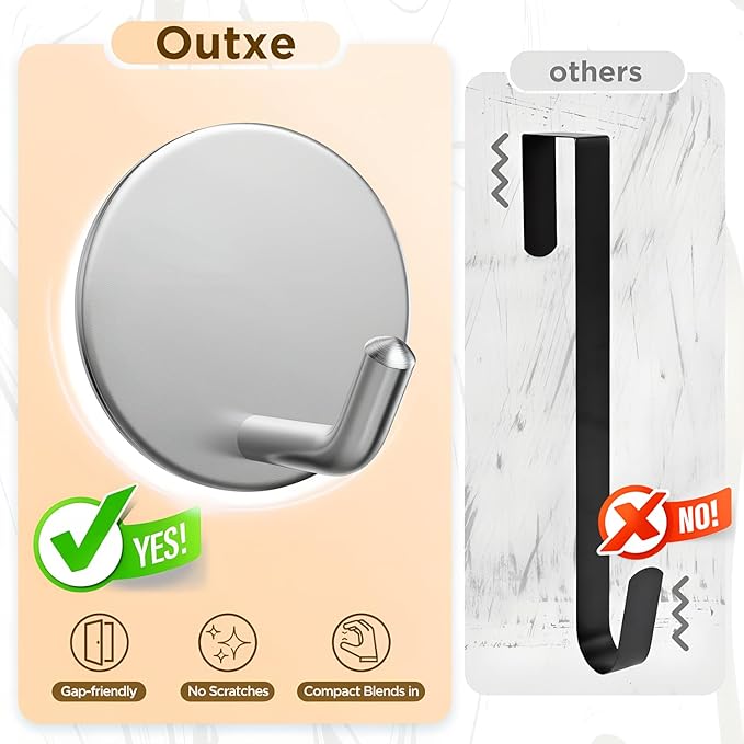 OUTXE Adhesive Wreath Hanger, Heavy Duty Reef Hook | for Front Door Glass Window | for Christmas/Thanksgiving/Halloween/July 4th/Easter/Valentine/Fall/Summer/Spring (Silver, 2 Pack)