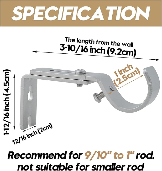 AddGrace Adjustable Curtain Rod Bracket Fits up to 1 inch Curtain Rod Sturdy Premium Brackets for Wall Set of 6 Silver