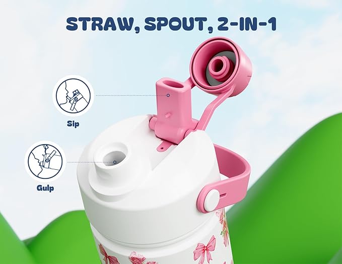 18 oz Insulated Girls Water Bottle: Spill-Proof, Stainless Steel Cup with Straw Spout Lid, BPA-Free, Cupholder Friendly, 24H Cold for School, Camping, Sports, Birthday Gift for Kids (Rosy Bouquet)